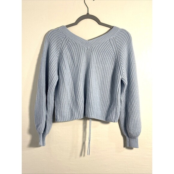 JOLIE & JOY Cropped V Neck Sweater with Drawstring Adjustable Hem Light Blue-S - Picture 6 of 10